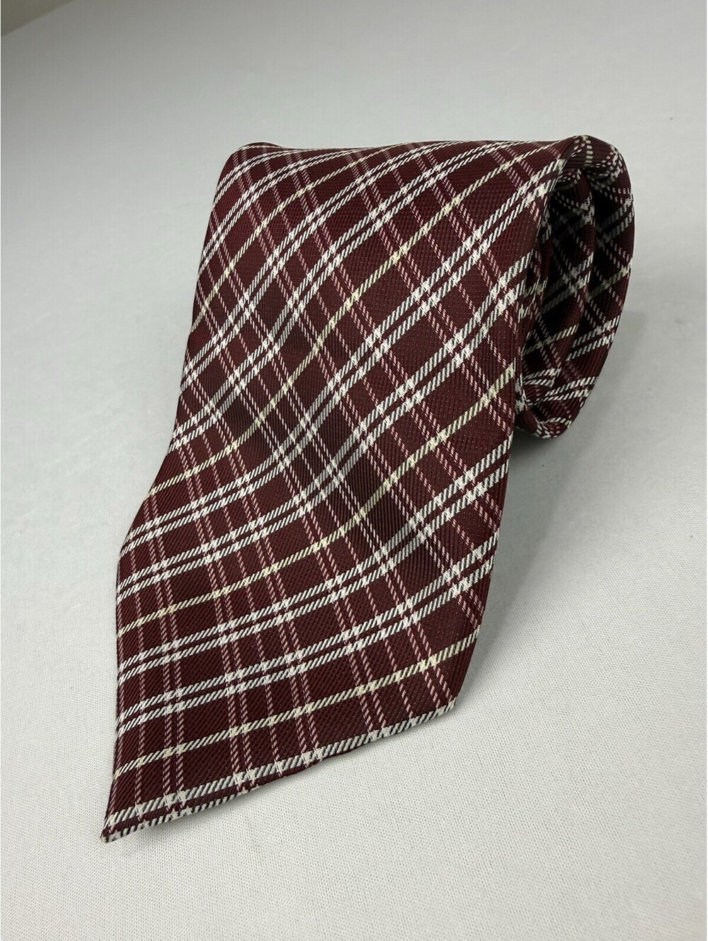 Ermenegildo Zegna Necktie Burgundy Plaid Diagonal Stripe Silk Italy 3.75x58⁠